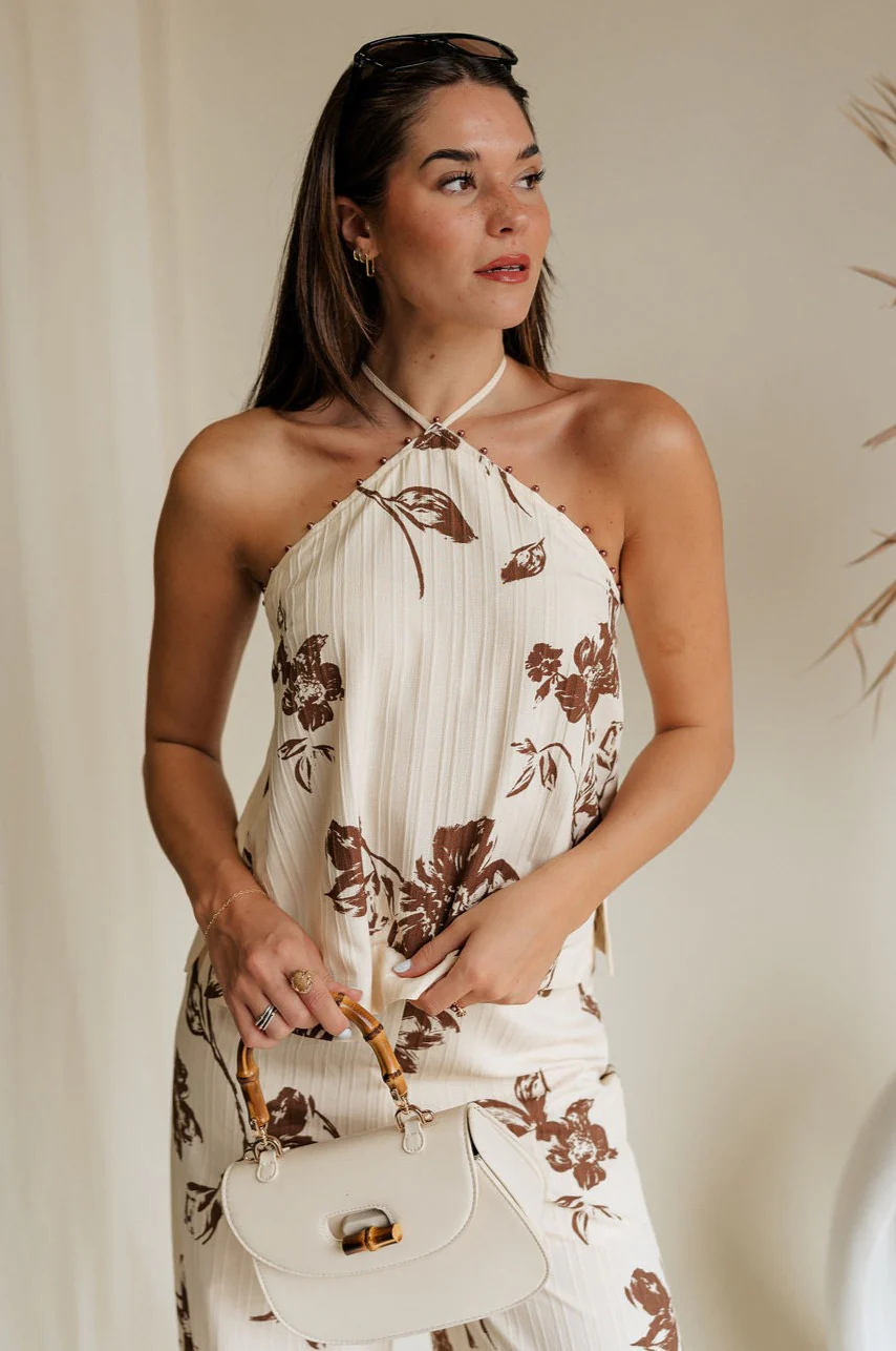 Emma Cream & Brown Floral Halter Tank