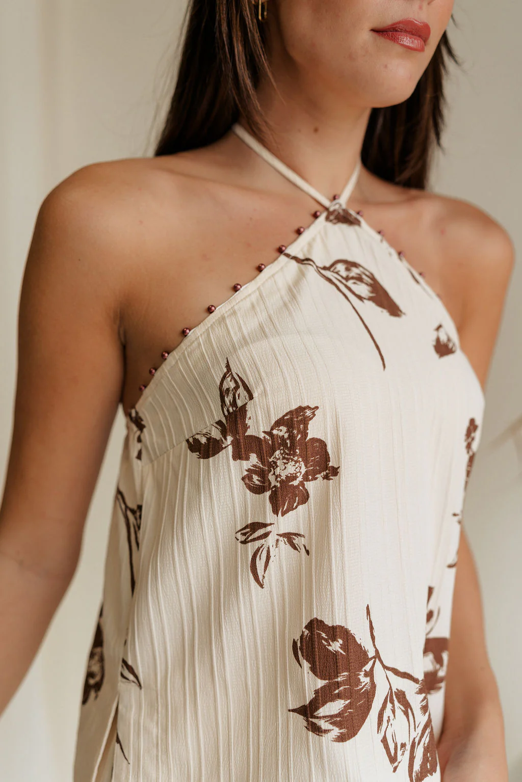 Emma Cream & Brown Floral Halter Tank - Image 2