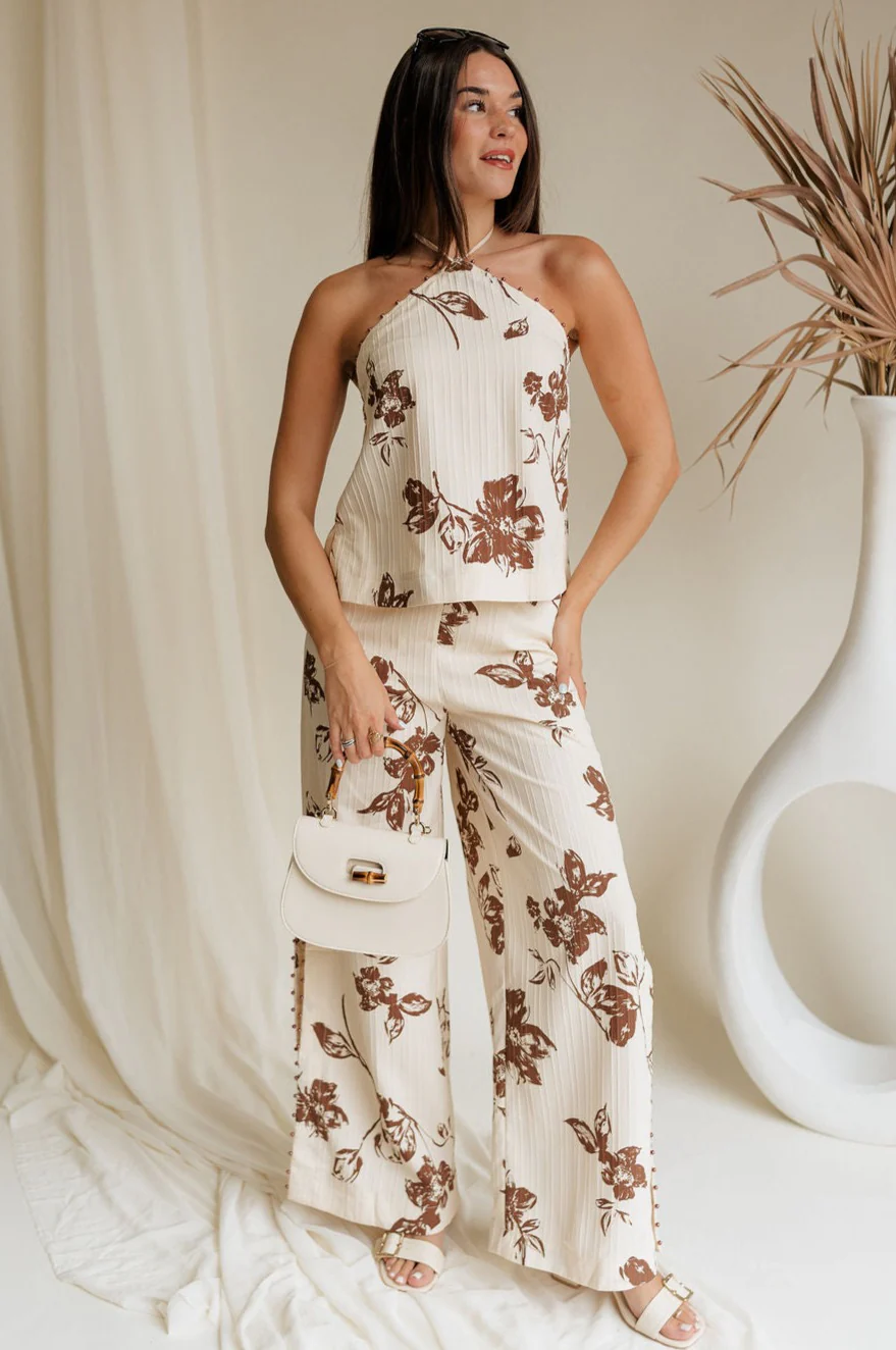 Emma Cream & Brown Floral Halter Tank - Image 5