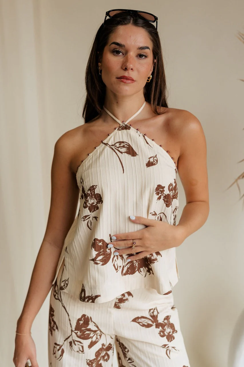 Emma Cream & Brown Floral Halter Tank - Image 6