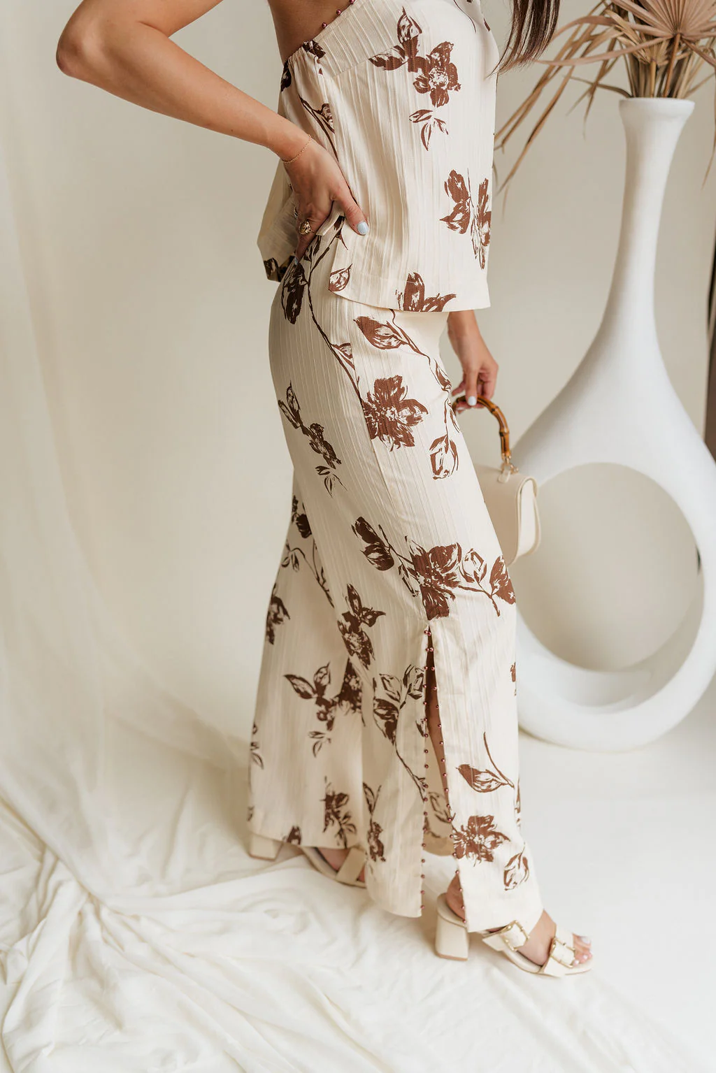 Emma Cream & Brown Floral Slit Pants - Image 2