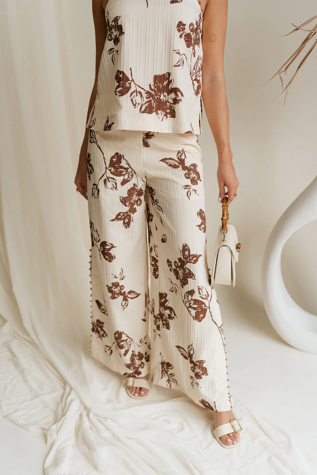 Emma Cream & Brown Floral Slit Pants - Image 3