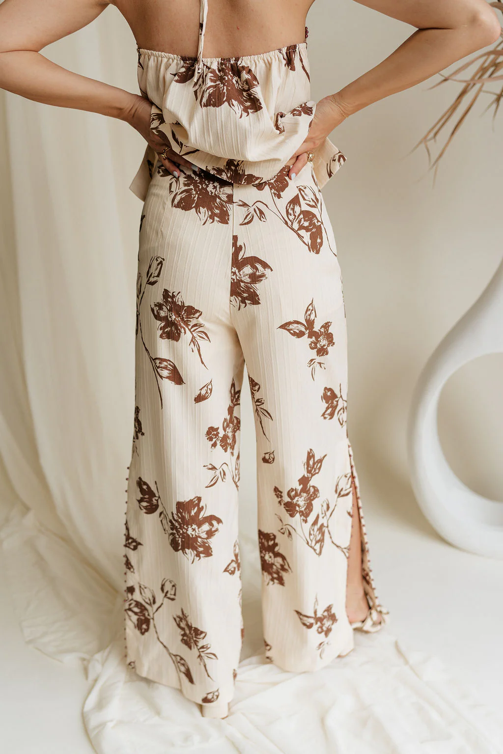 Emma Cream & Brown Floral Slit Pants - Image 4