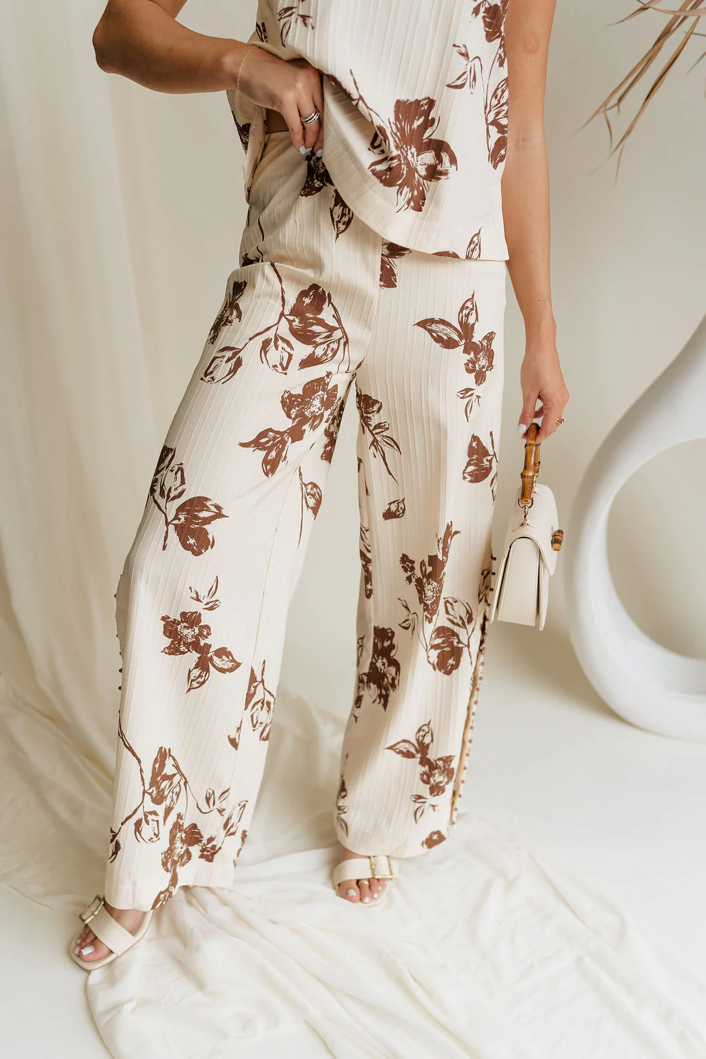 Emma Cream & Brown Floral Slit Pants - Image 5