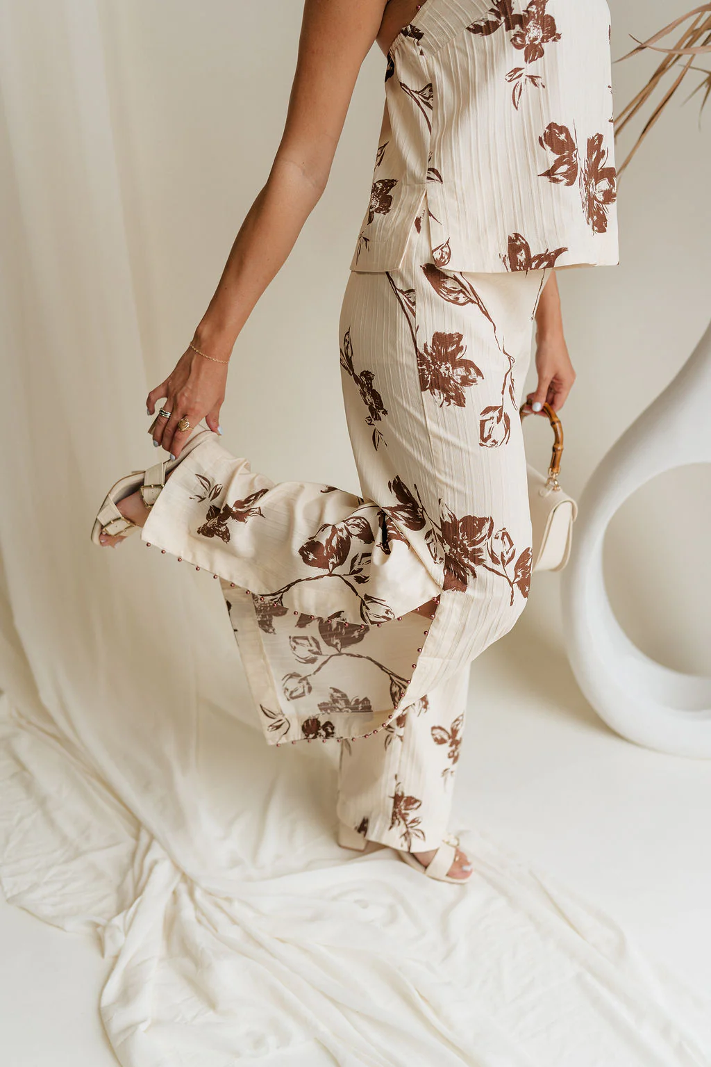 Emma Cream & Brown Floral Slit Pants - Image 7
