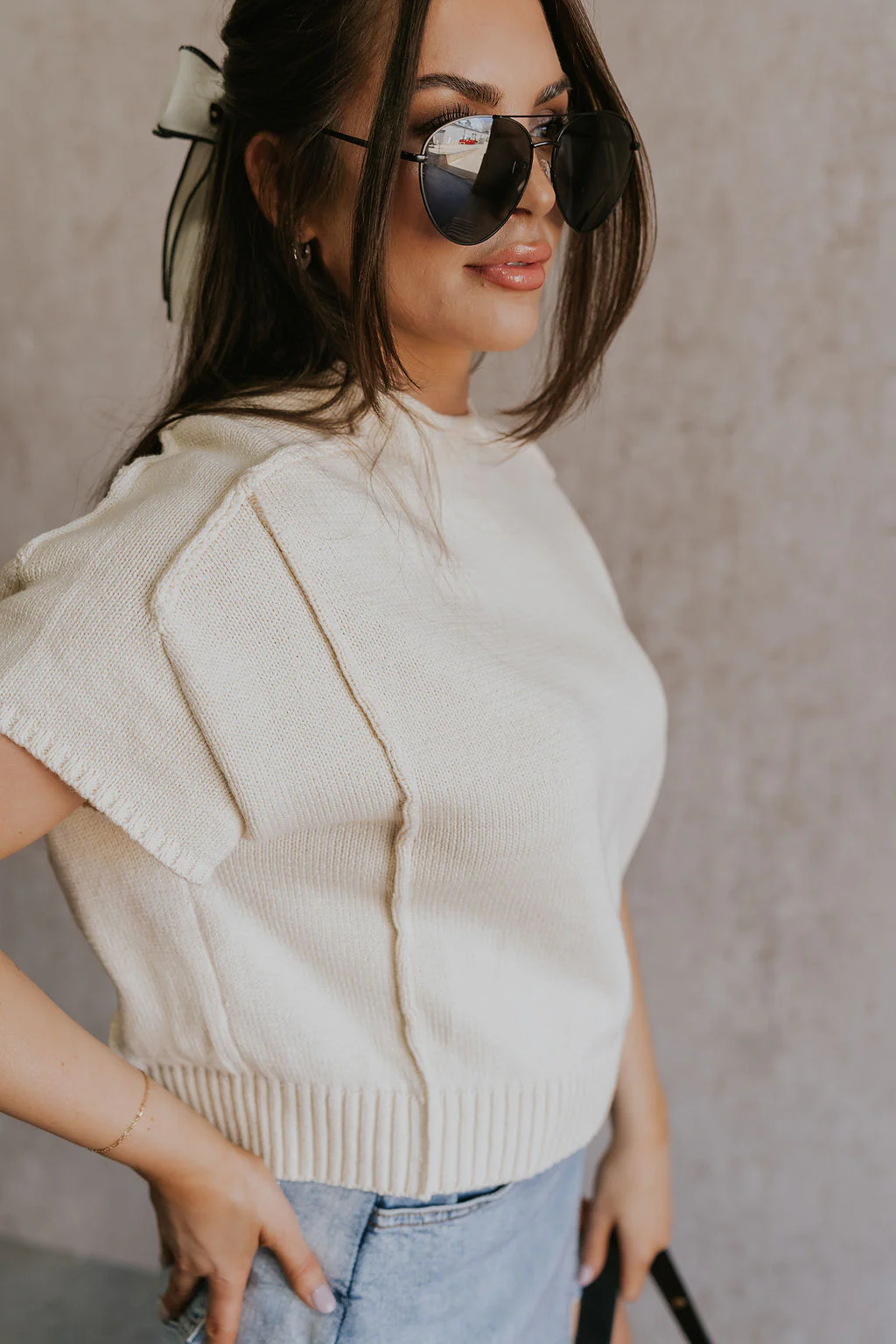 Emma Cream Knit Short Sleeve Top - Image 6