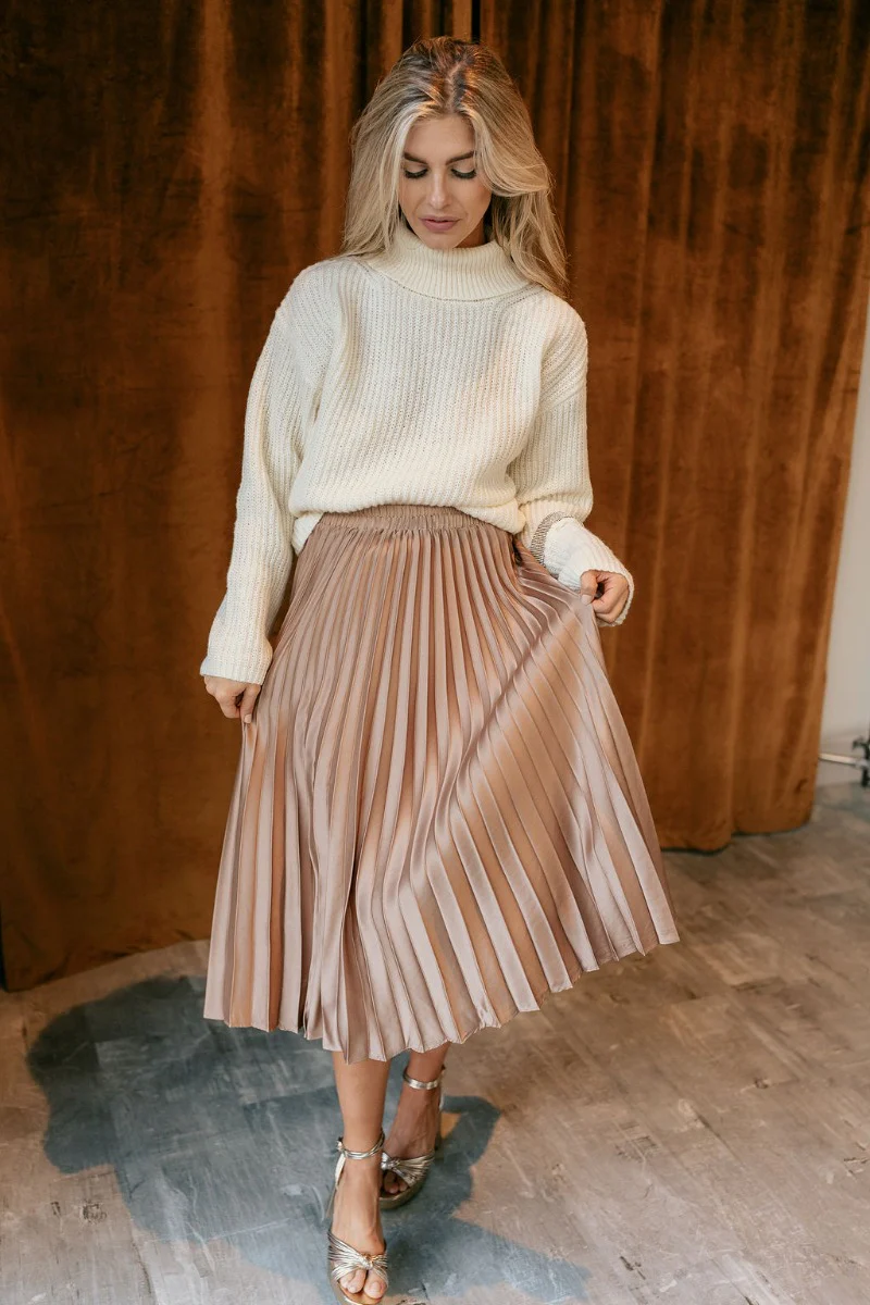 Emmie Taupe Satin Pleated Midi Skirt