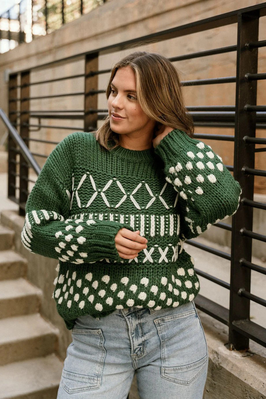 Emory Hunter Green & White Long Sleeve Sweater