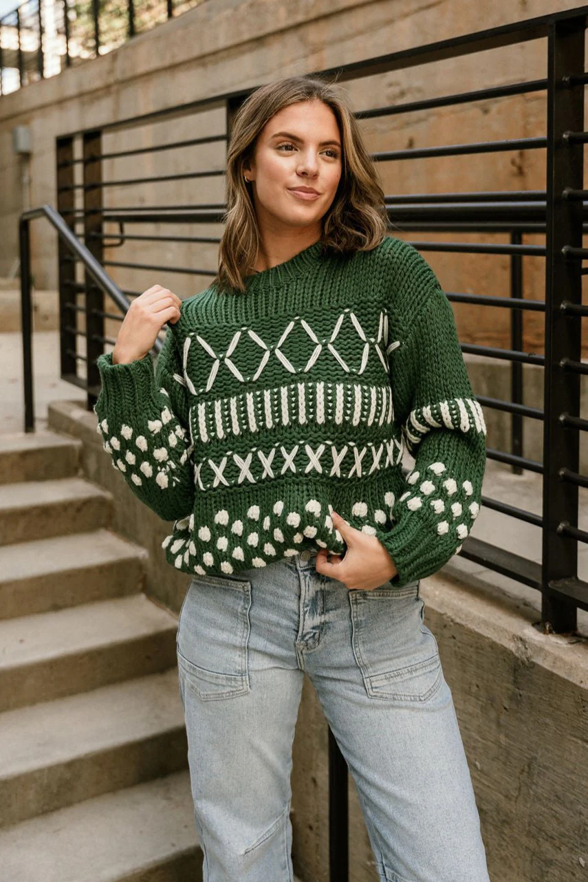 Emory Hunter Green & White Long Sleeve Sweater - Image 5