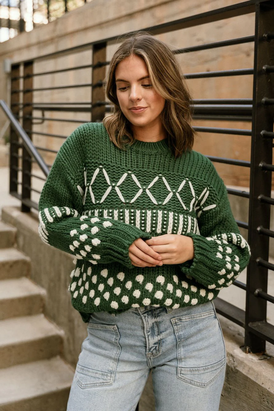 Emory Hunter Green & White Long Sleeve Sweater - Image 6
