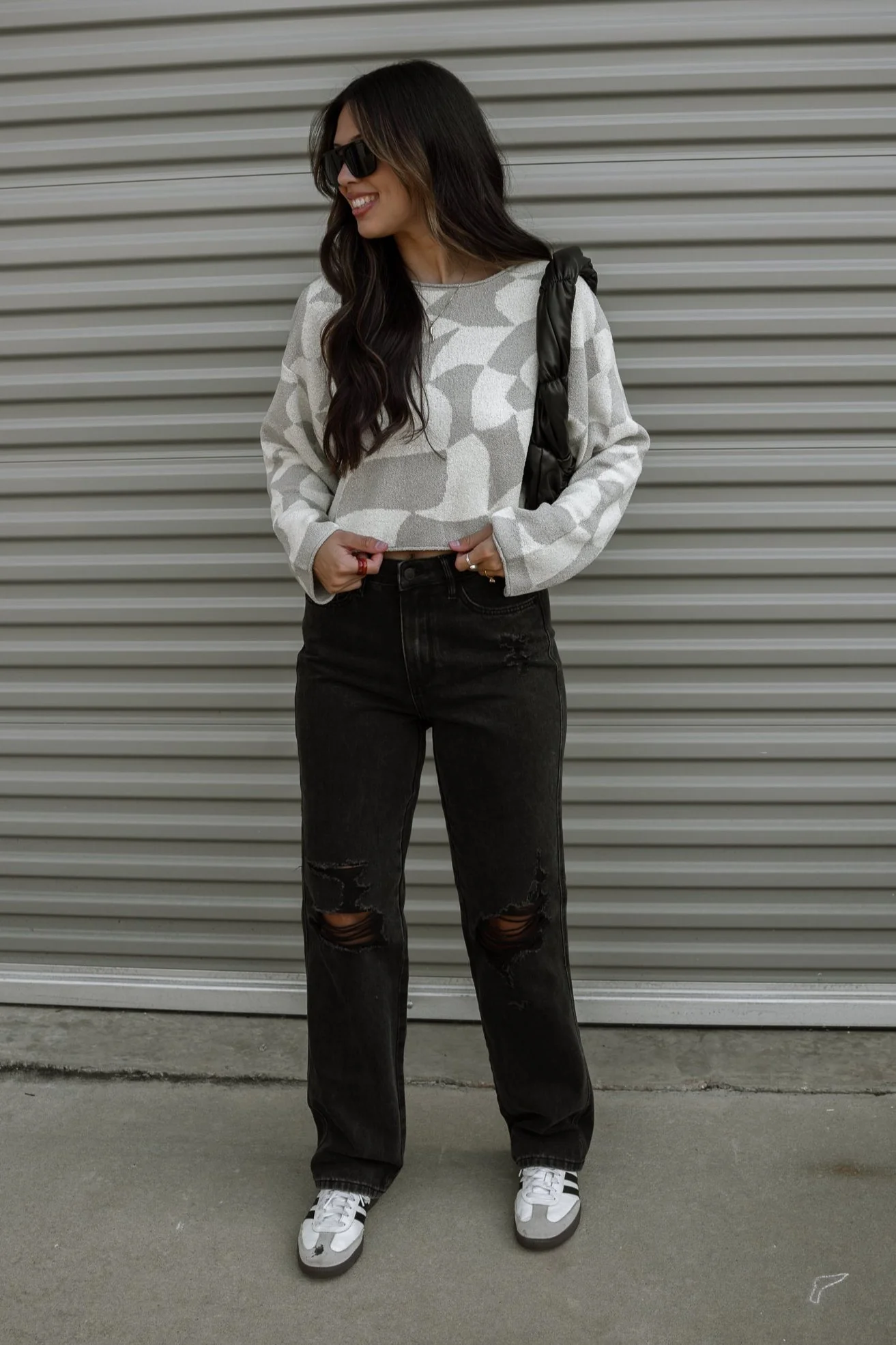 Erica Grey & Cream Geometric Print Sweater