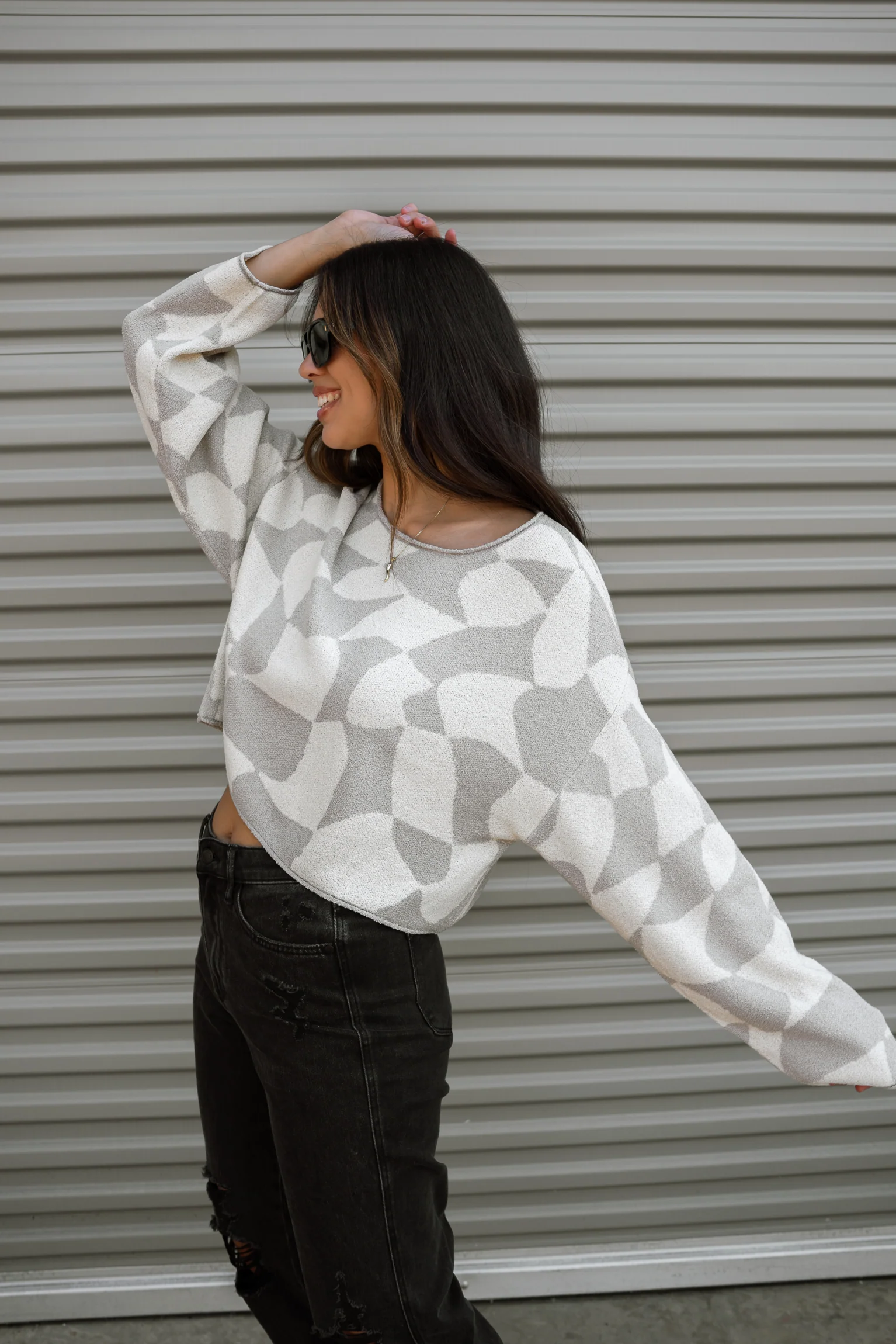 Erica Grey & Cream Geometric Print Sweater - Image 2