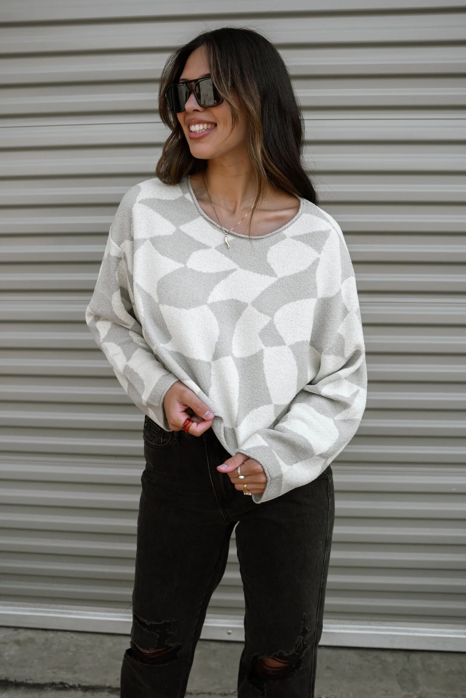 Erica Grey & Cream Geometric Print Sweater - Image 3