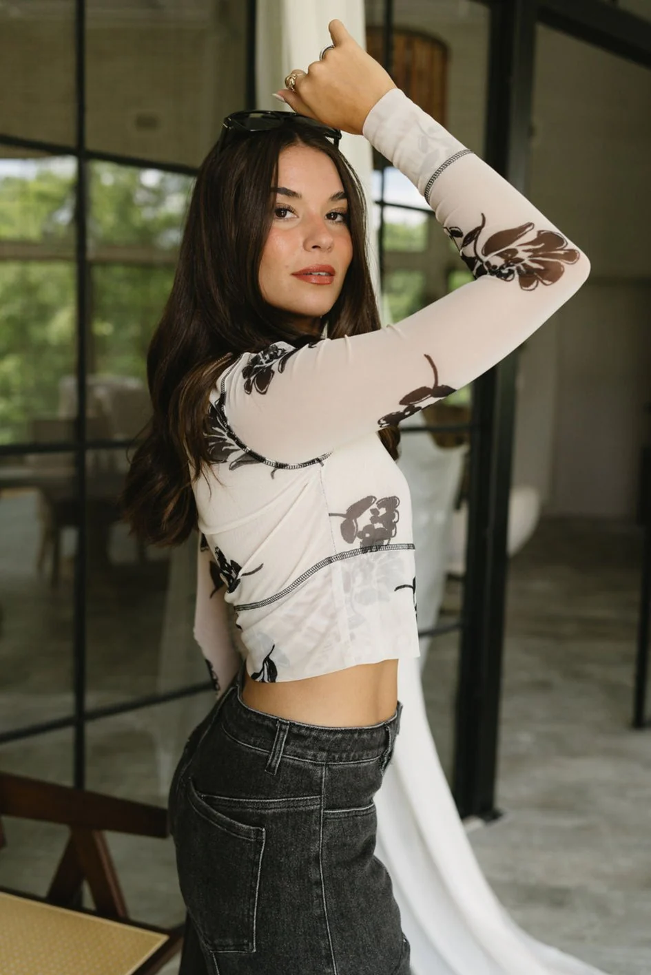 Erika Cream & Black Floral Mesh Top - Image 5