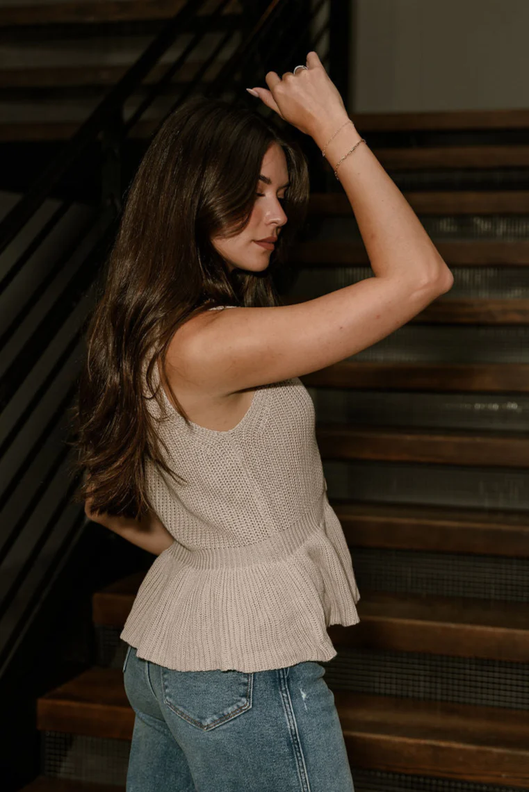 Erika Taupe Knit Peplum Tank Top - Image 4