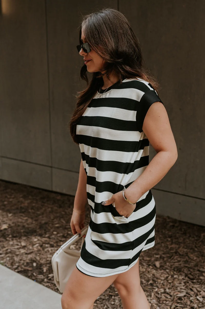 Esme Black & Cream Striped Dress - Image 7