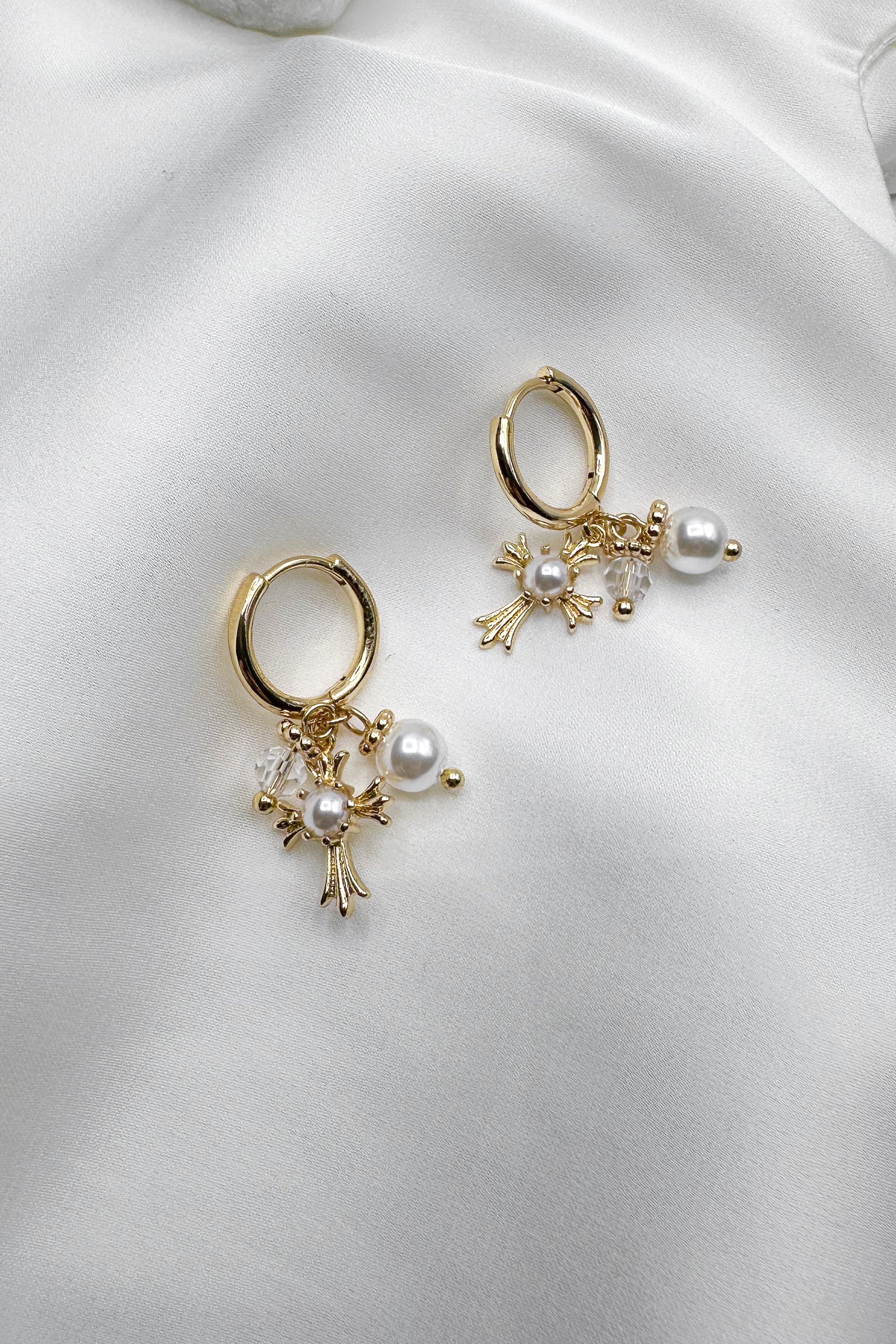 Esme Pearl Gold Cross Dangle Huggies - Image 2