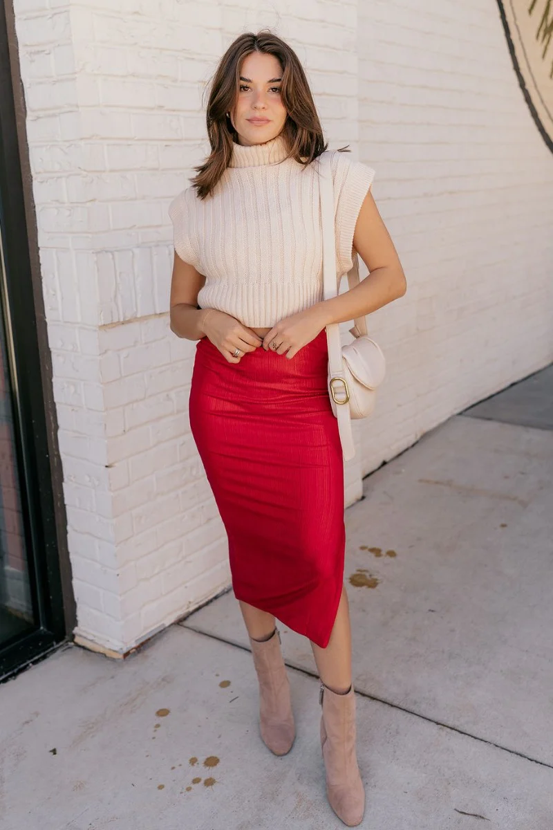 Esme Red Metallic Midi Skirt - Image 2