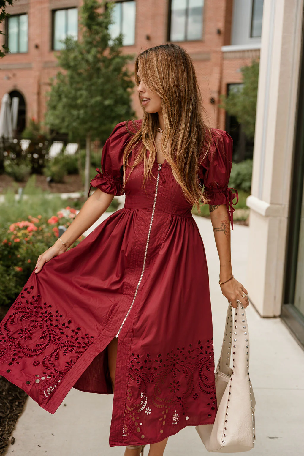 Estella Deep Rust Eyelet Zip-Up Midi Dress - Image 6