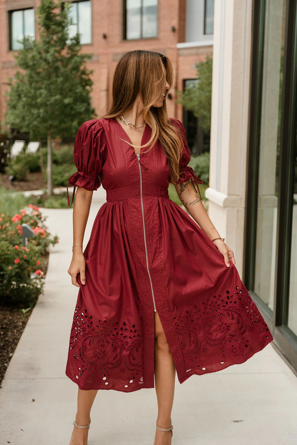 Estella Deep Rust Eyelet Zip-Up Midi Dress - Image 8