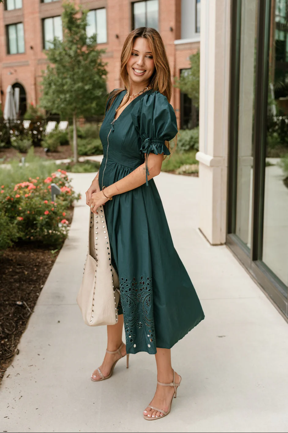 Estella Teal Eyelet Zip-Up Midi Dress - Image 2