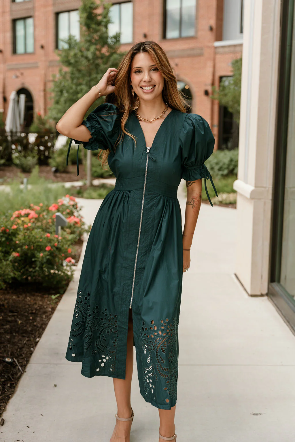 Estella Teal Eyelet Zip-Up Midi Dress - Image 5