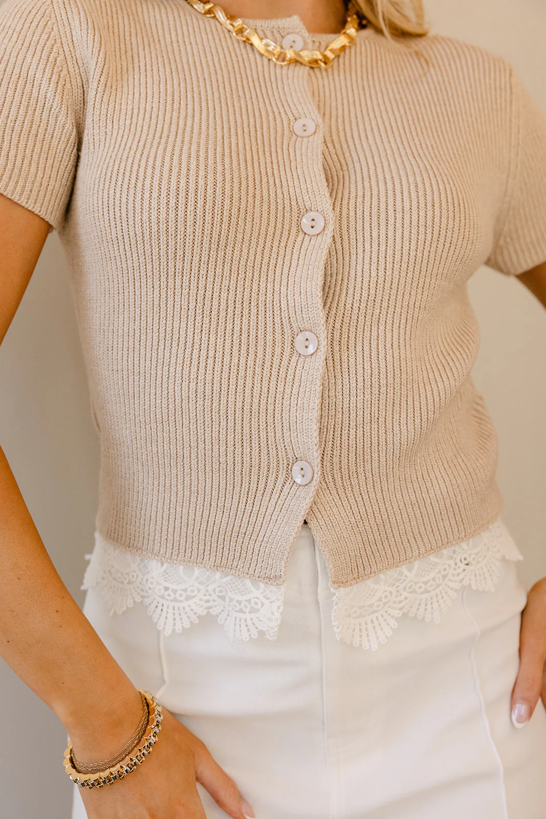 Estelle Taupe & White Lace Cardigan - Image 3