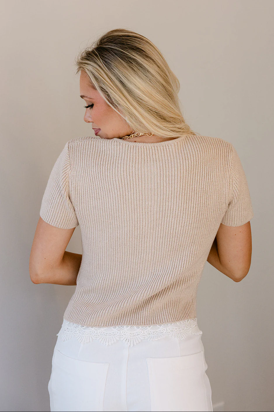 Estelle Taupe & White Lace Cardigan - Image 4