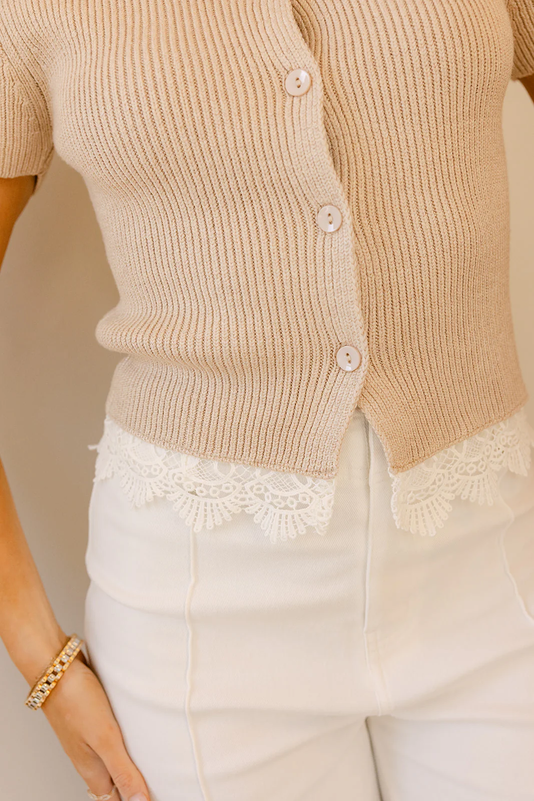 Estelle Taupe & White Lace Cardigan - Image 7