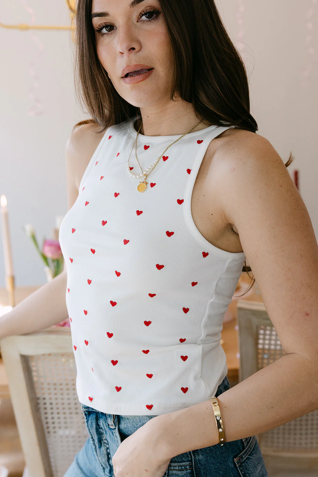 Estelle White & Red Hearts Ribbed Tank - Image 2