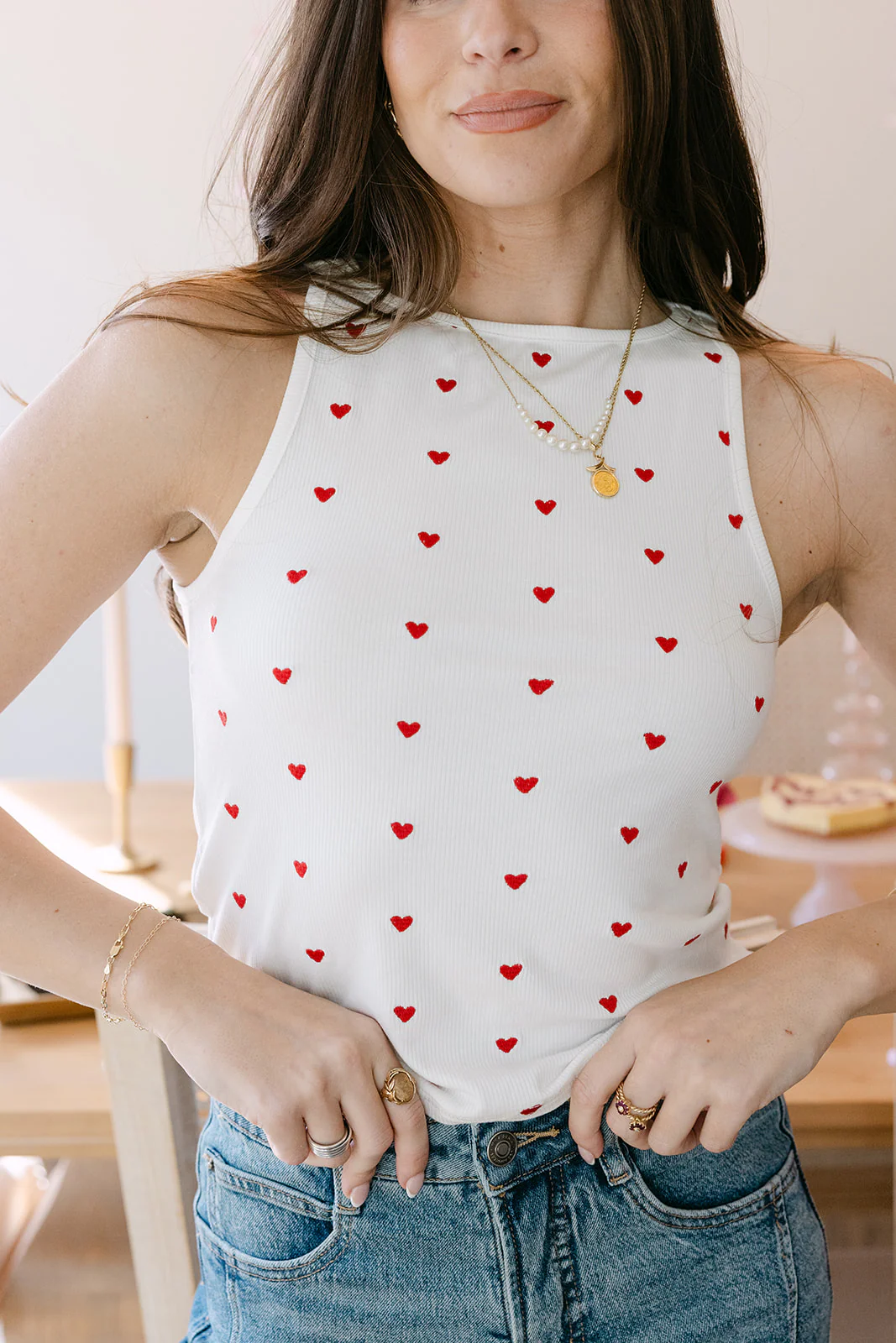 Estelle White & Red Hearts Ribbed Tank - Image 4