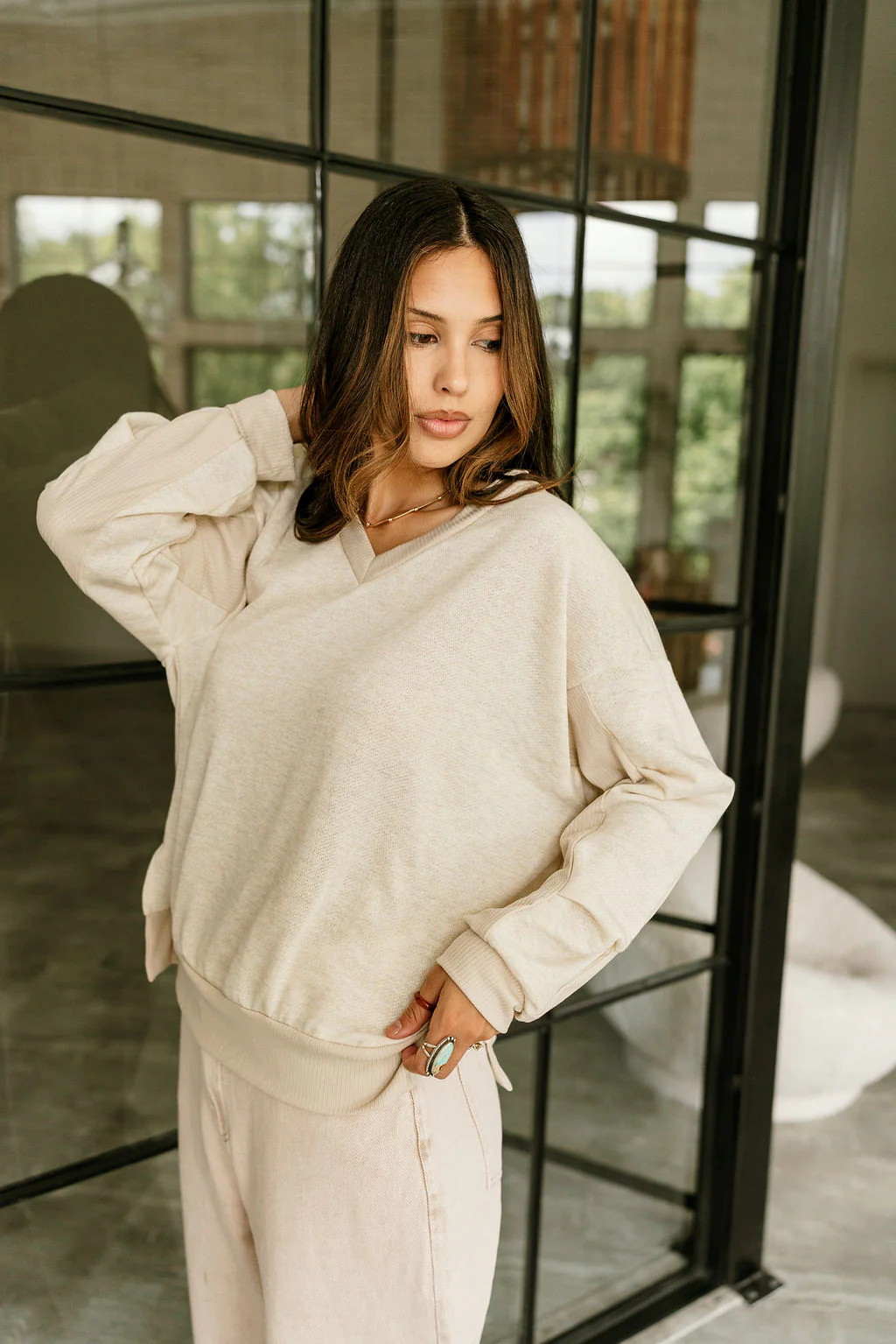 Vivian Oatmeal Ribbed Long Sleeve Sweatshirt - Image 6