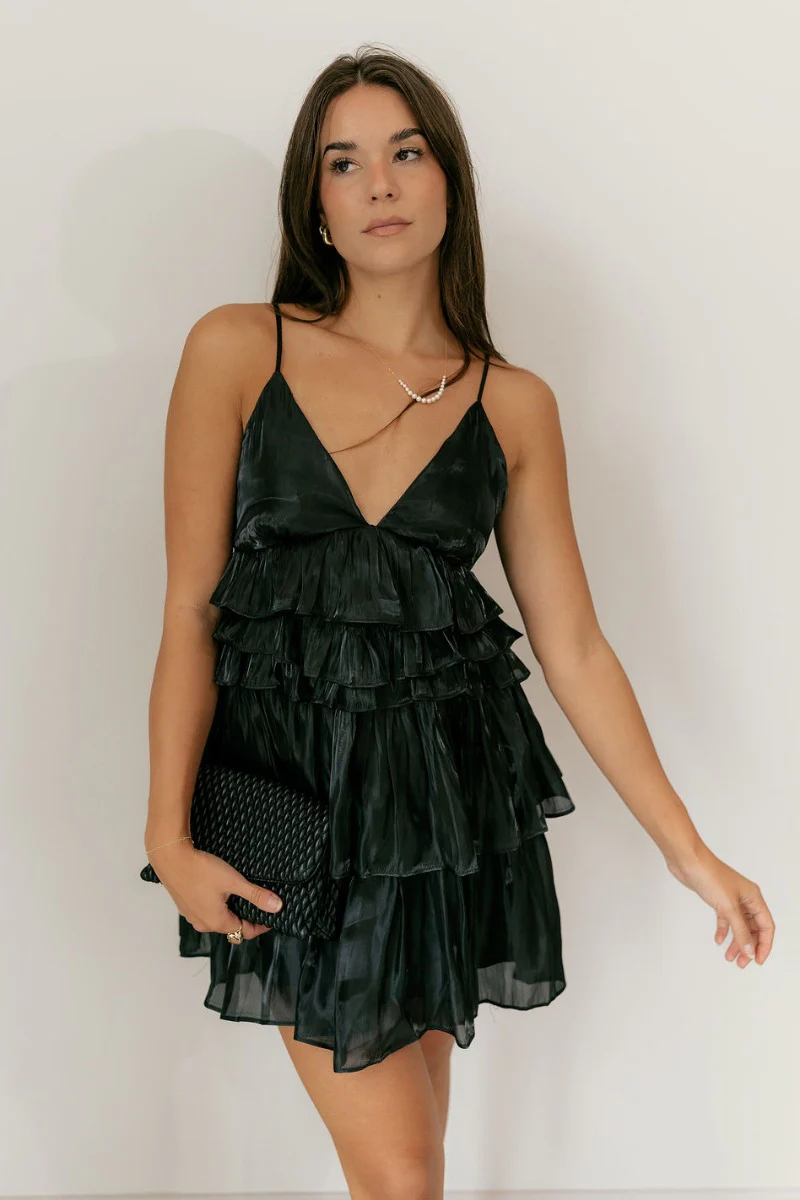 Everly Black Ruffle Tiered Sleeveless Mini Dress - Image 3