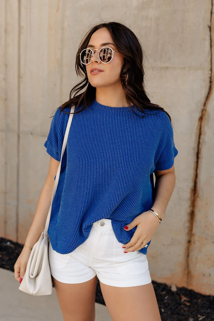 Everly Blue Ribbed Short Sleeve Top