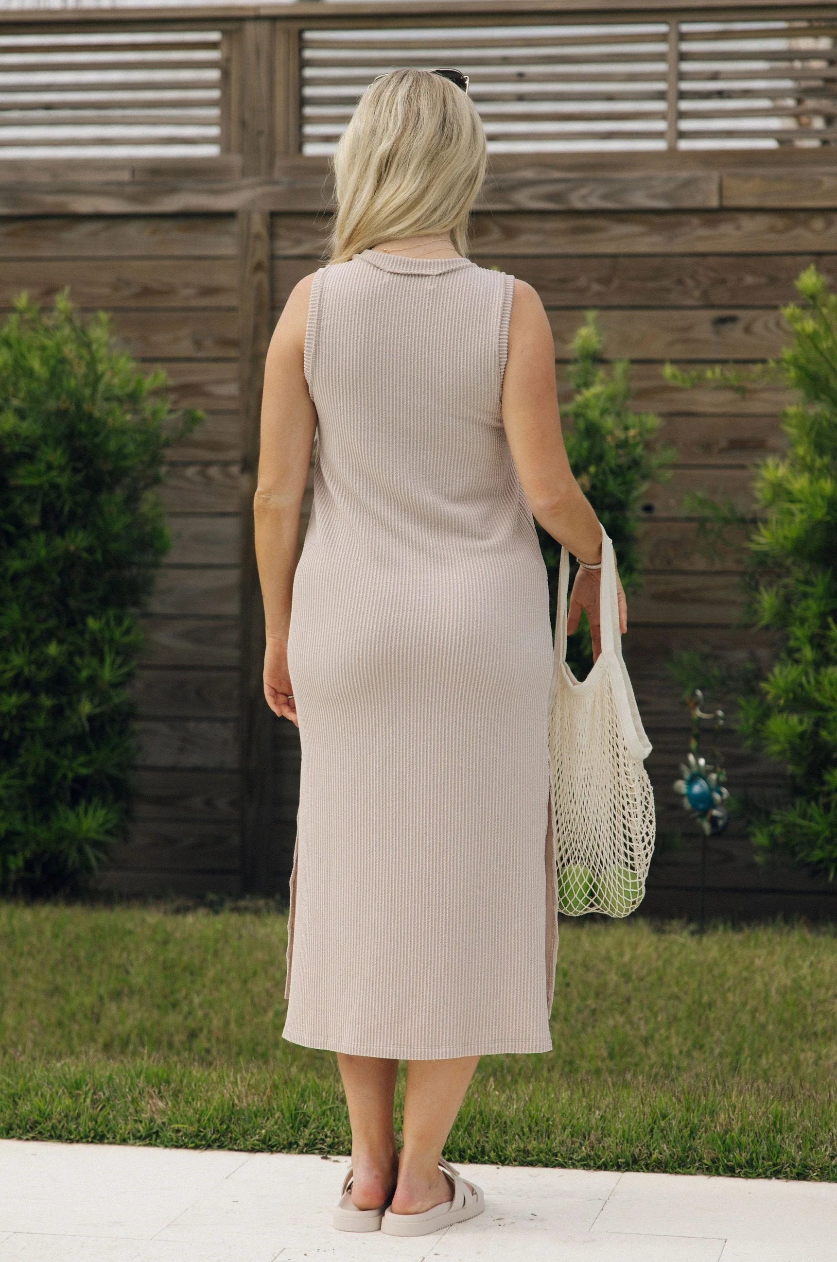 Everly Light Taupe Ribbed Sleeveless Midi Dress - Image 4