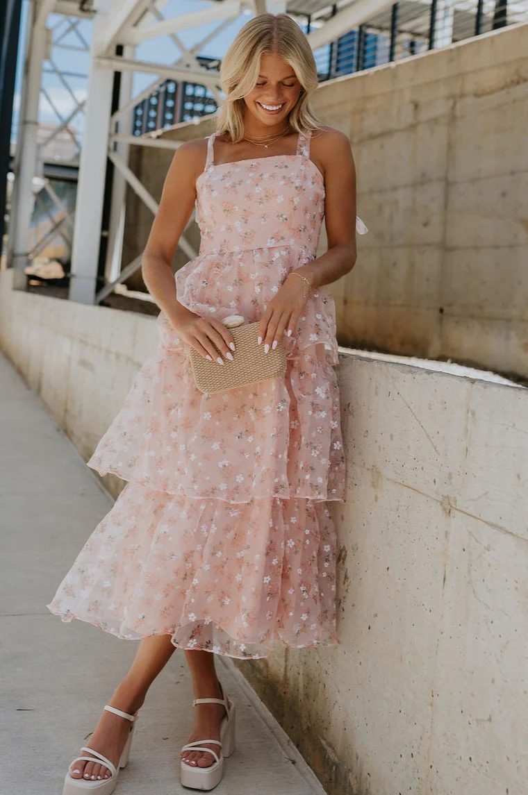 Evie Peach Blush Floral Tiered Midi Dress