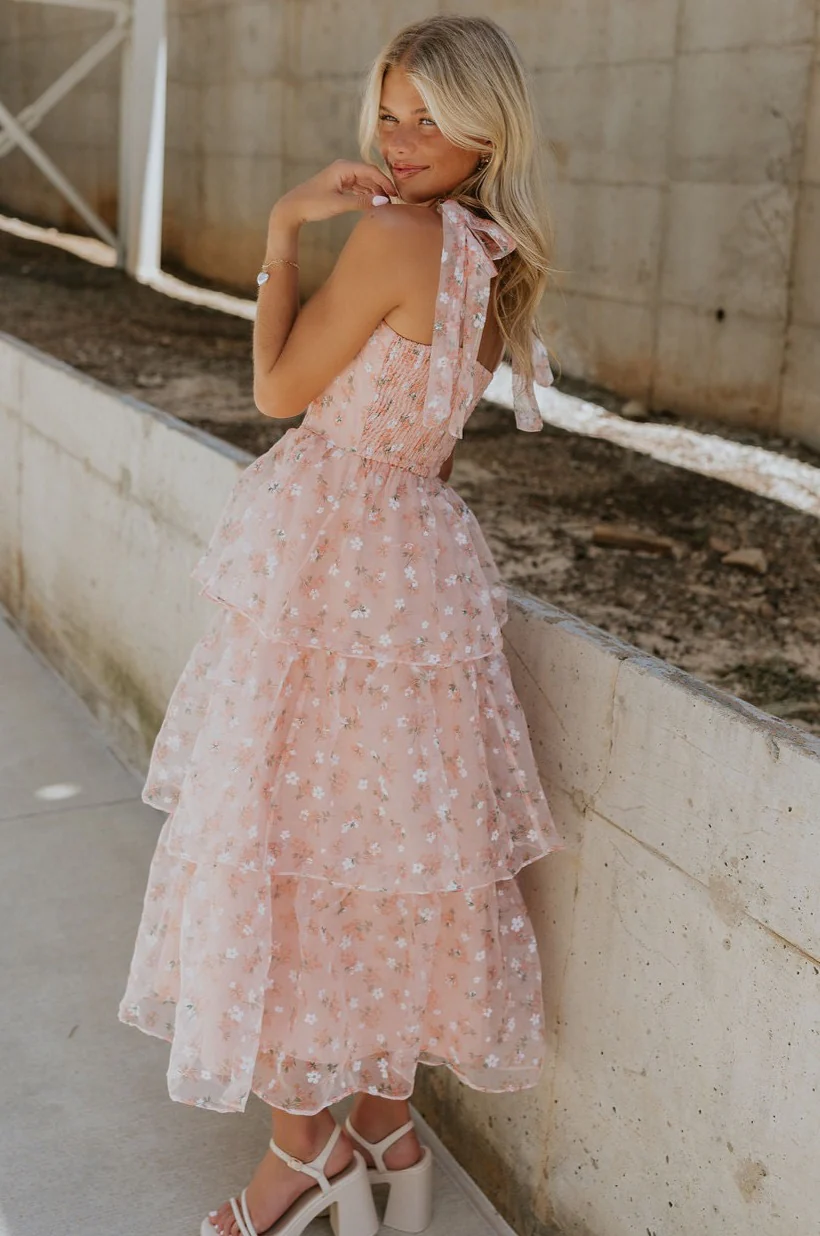Evie Peach Blush Floral Tiered Midi Dress - Image 4