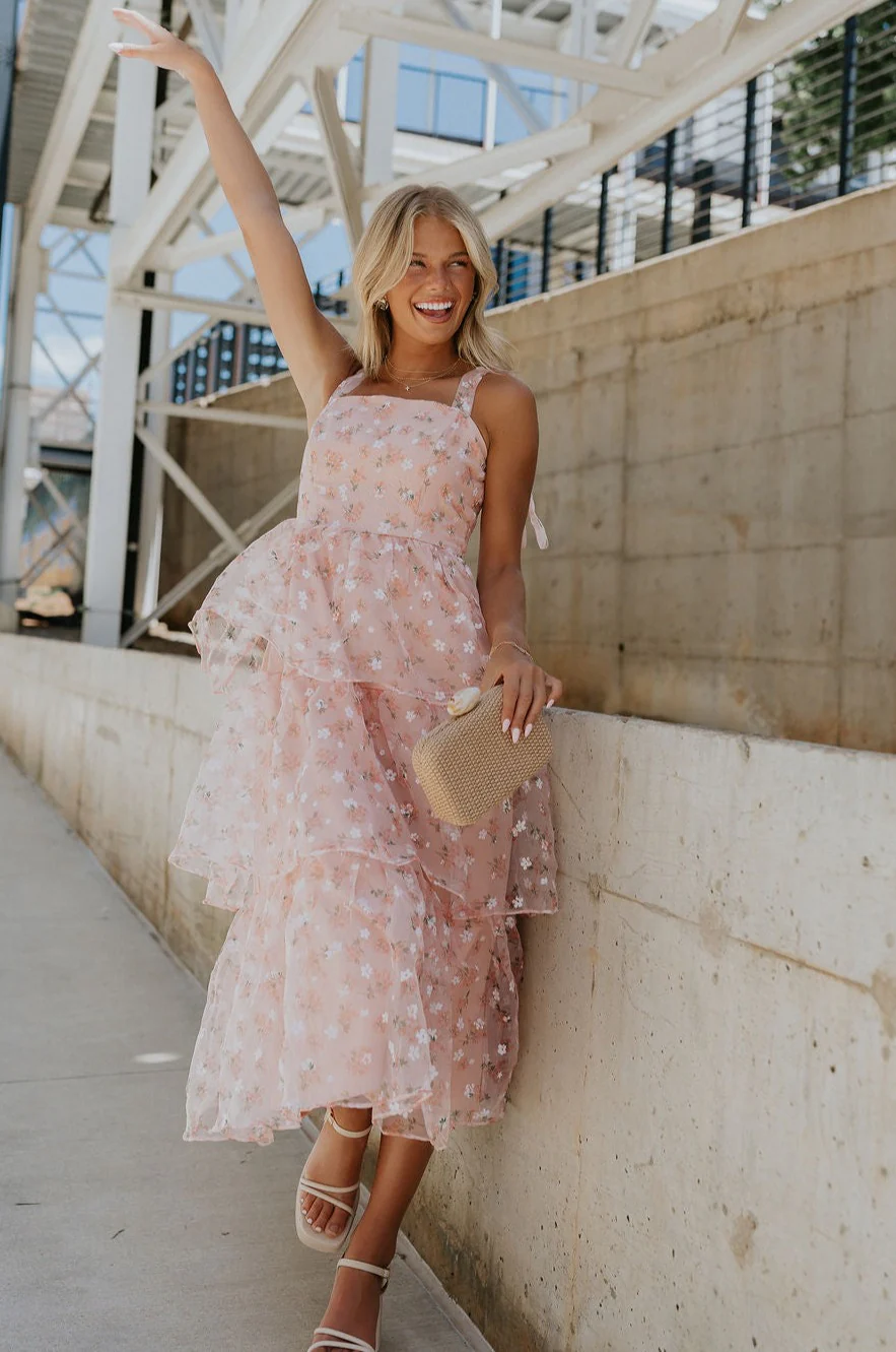 Evie Peach Blush Floral Tiered Midi Dress - Image 6
