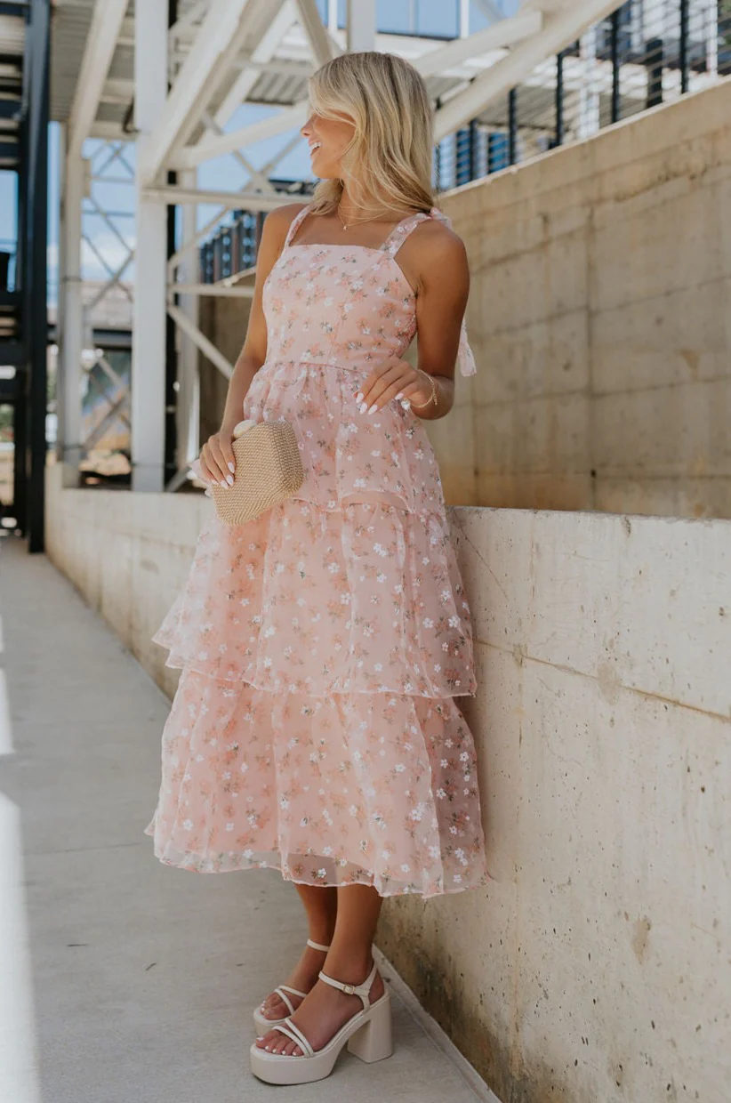 Evie Peach Blush Floral Tiered Midi Dress - Image 7