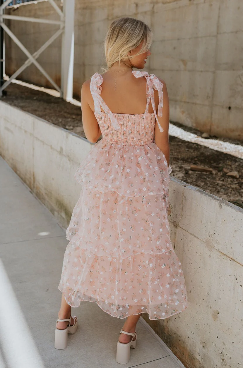 Evie Peach Blush Floral Tiered Midi Dress - Image 8