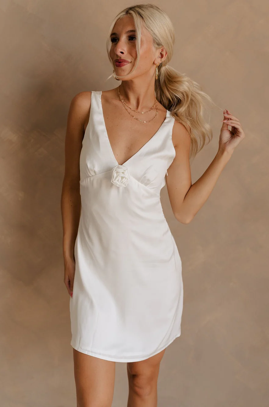 Evie White Satin Rosette Mini Dress - Image 2