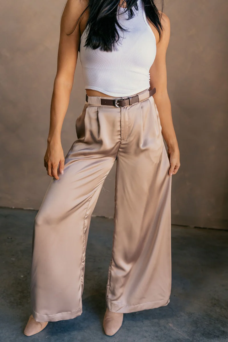 Felicity Taupe Satin Wide Leg Pants - Image 3