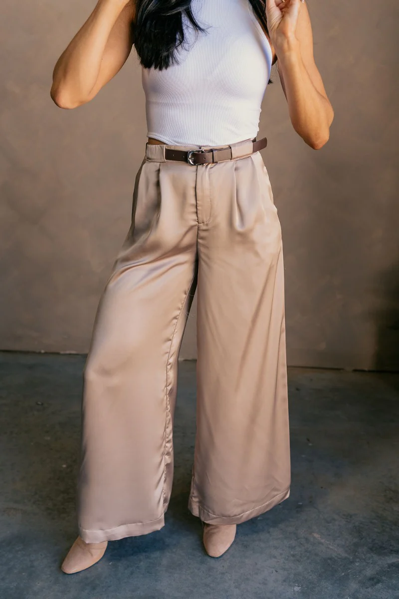Felicity Taupe Satin Wide Leg Pants - Image 4