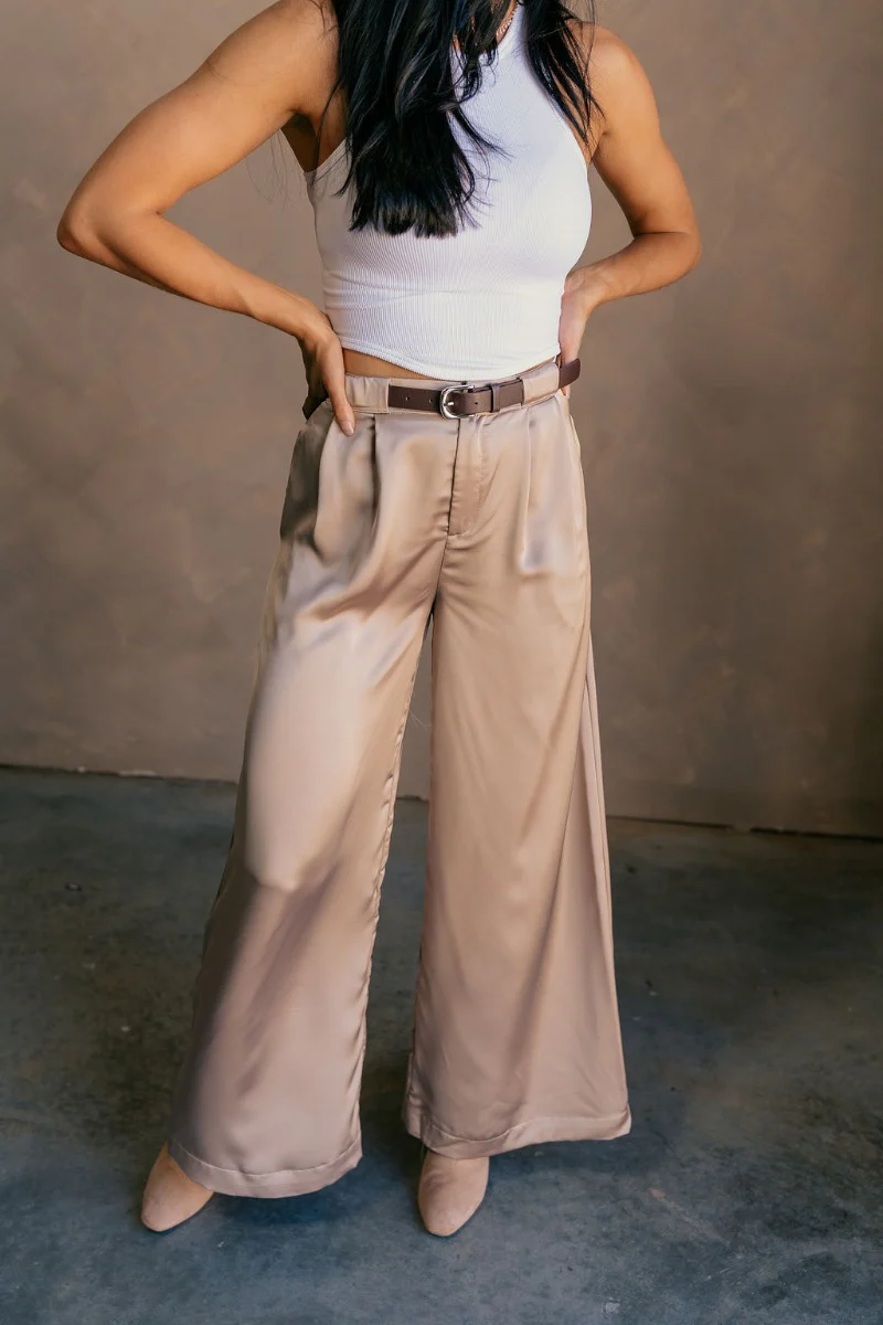 Felicity Taupe Satin Wide Leg Pants - Image 5