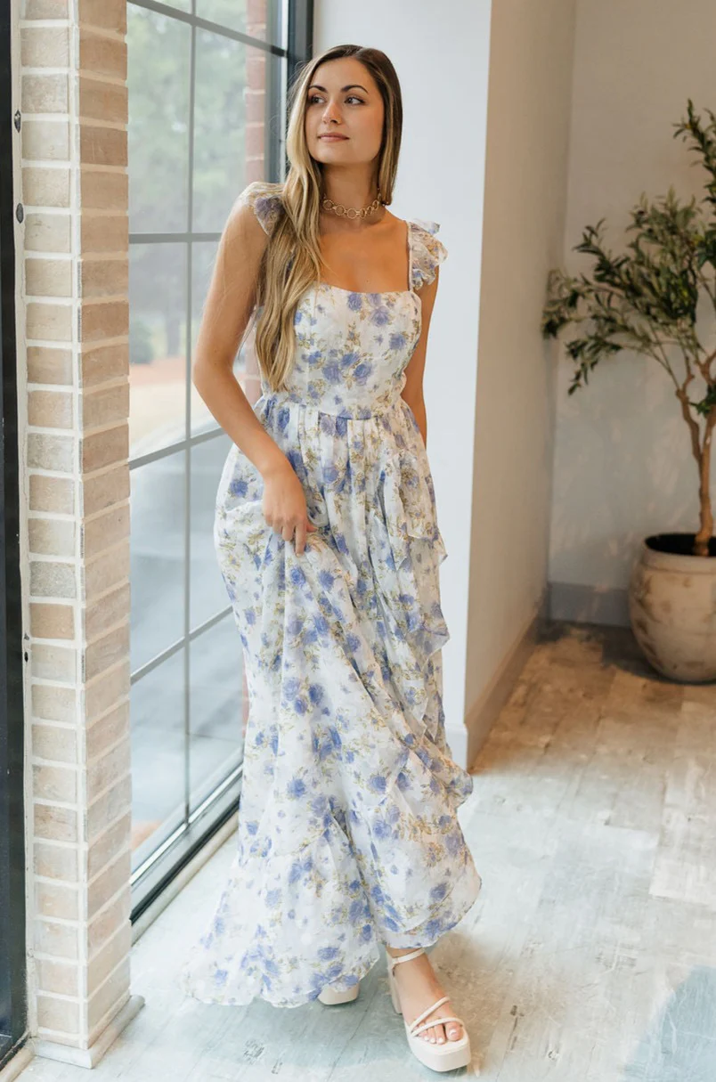 Felicity White and Blue Floral Maxi Ruffle Dress