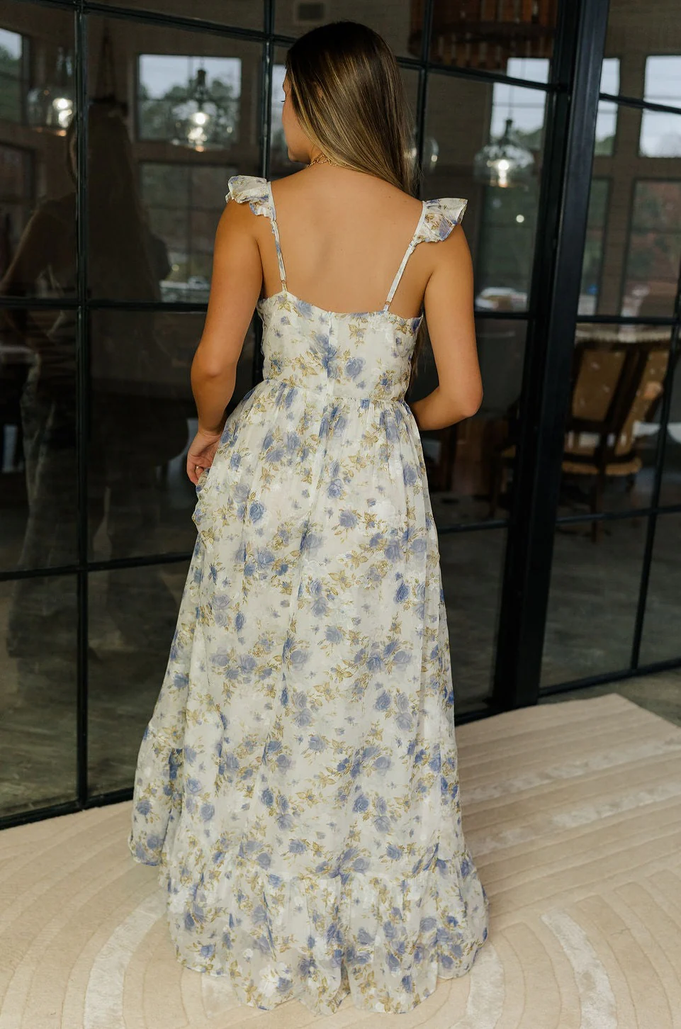 Felicity White and Blue Floral Maxi Ruffle Dress - Image 6