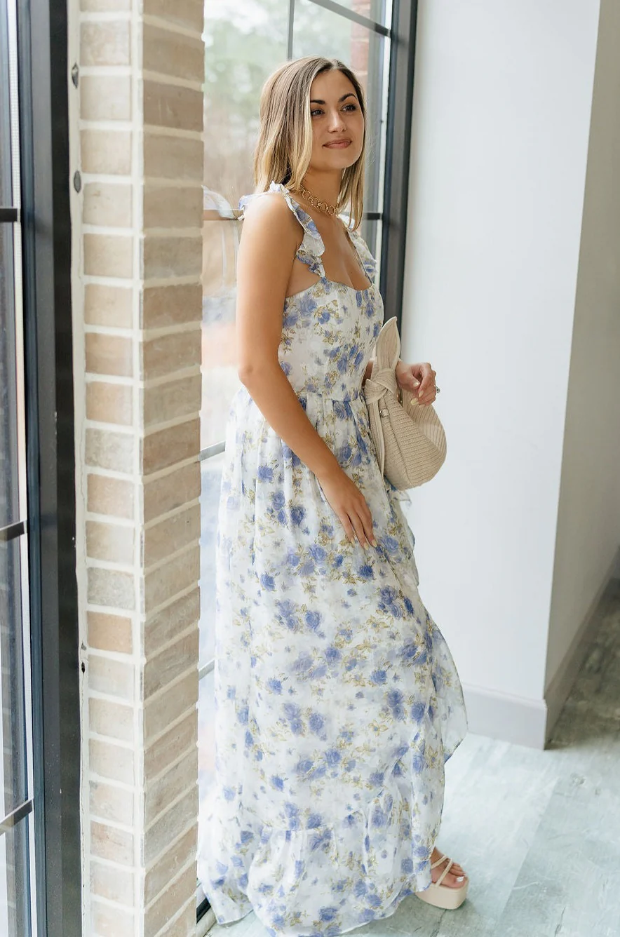Felicity White and Blue Floral Maxi Ruffle Dress - Image 8