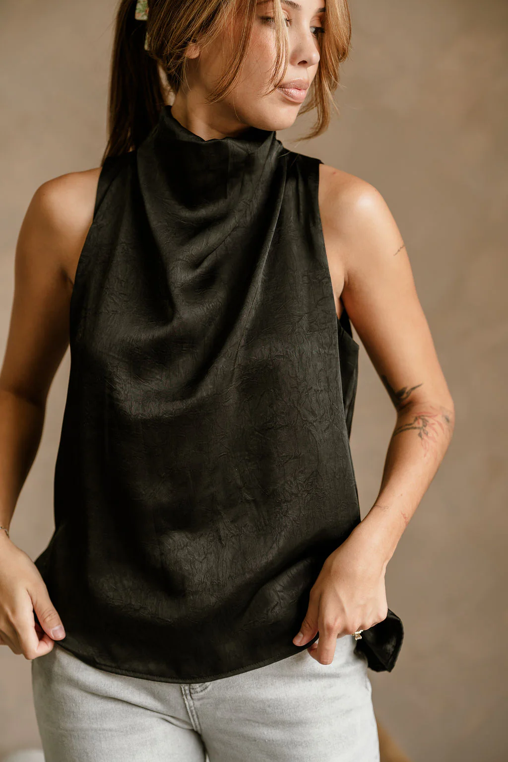 Fiona Black Satin High Neck Tank Top - Image 3