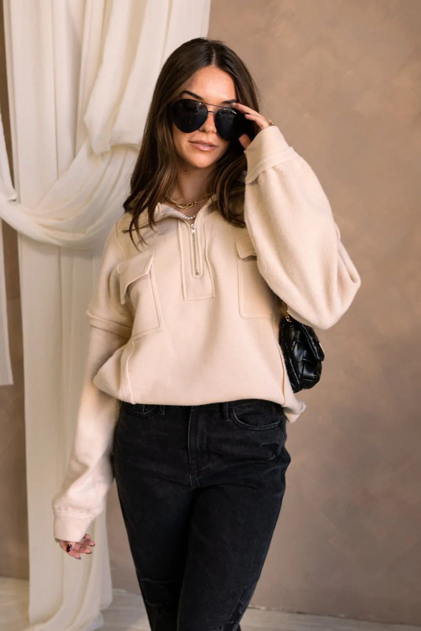 Fiora Cream Quarter Zip-Up Sweatshirt - Image 4