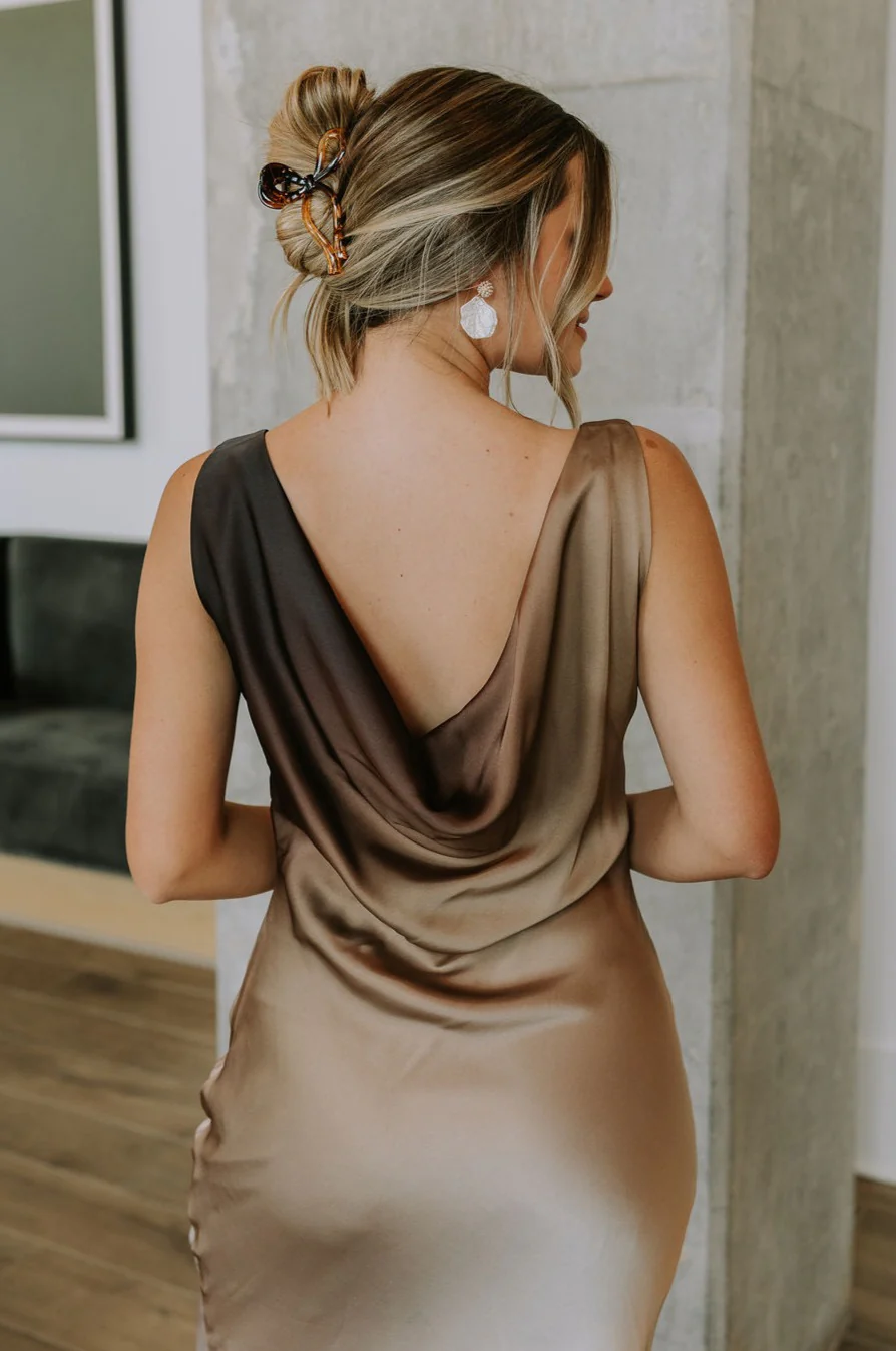 Franceska Taupe Ombre Satin Midi Dress - Image 10